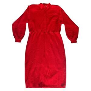 Vintage Dress Womens Size Medium Red Long Sleeve Collar Retro Bold Indie Office